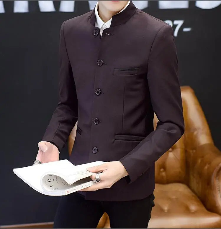 Retro Men Suit Blazer | Single-Breasted Stand-Up Collar Coat
