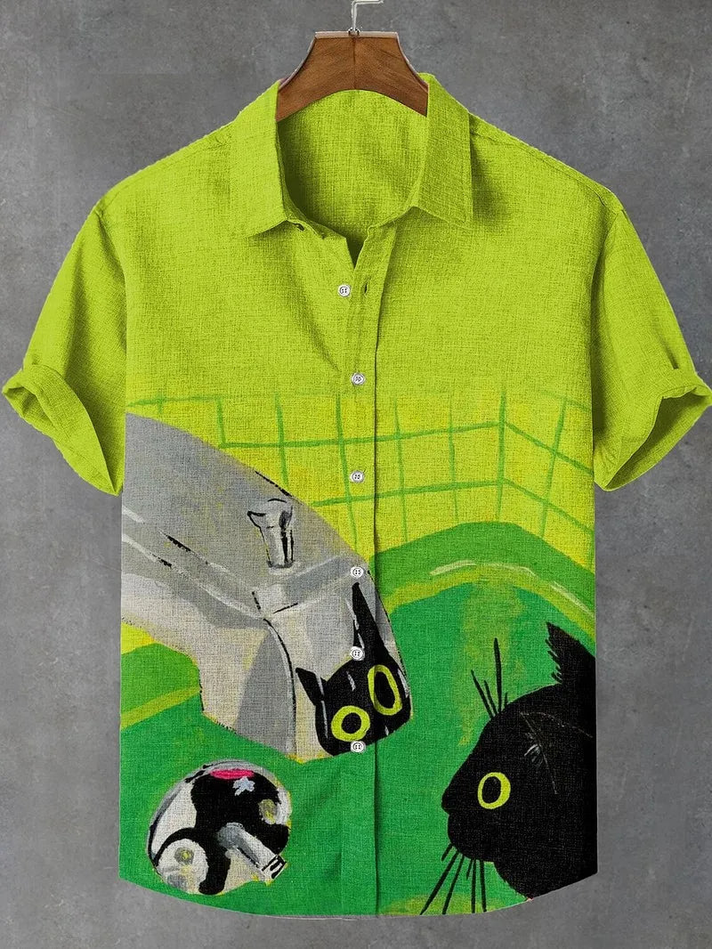 Men's Cat Graphics Shirts | Short-Sleeved, Button Down, Lapel Shirt for Summer